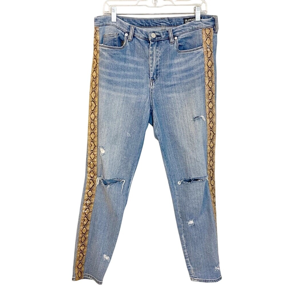 BLANKNYC The Bond Mid Rise Skinny Jeans 31 Blue Distressed Snakeskin Stripe